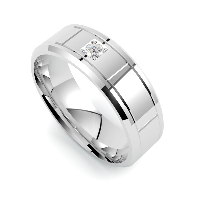 Obrączka premium z diamentem, białe złoto 750, szerokość 8 mm, profil płaski fazowany, soczewkowa, GOLDPORT